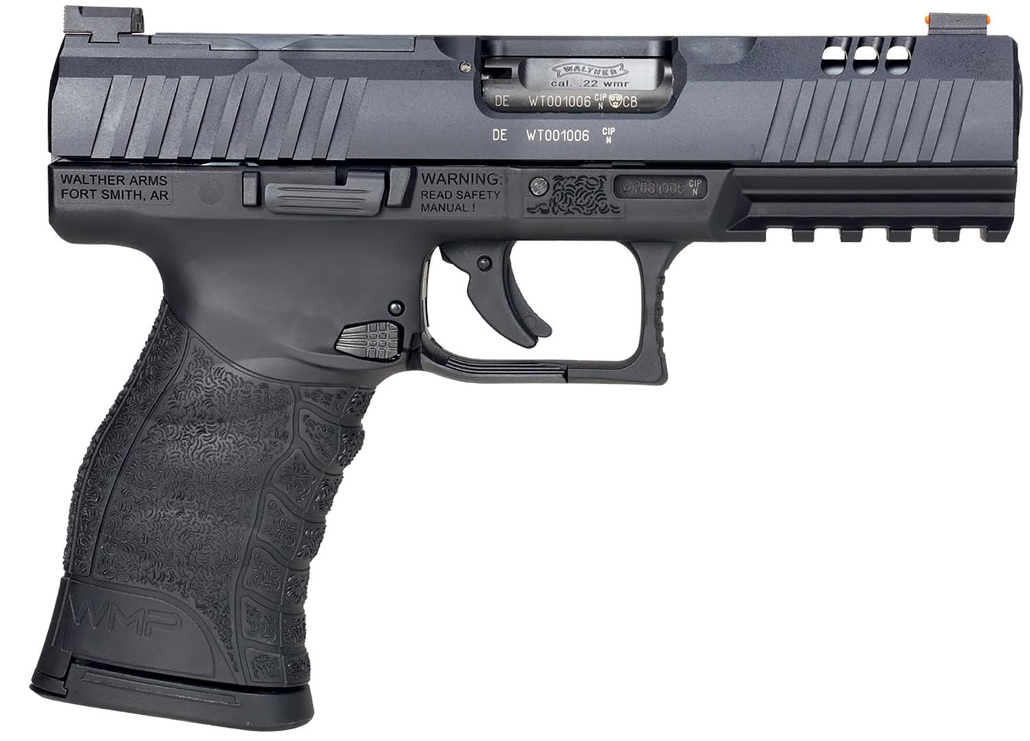 Walther Arms 5220302 WMP Optic Ready 22 WMR 10+1 4.50" Stainless Steel Barrel, Black Optic Ready/Serrated Slide, Black Polymer Frame w/Picatinny Rail, Black Polymer Grip, Right Hand