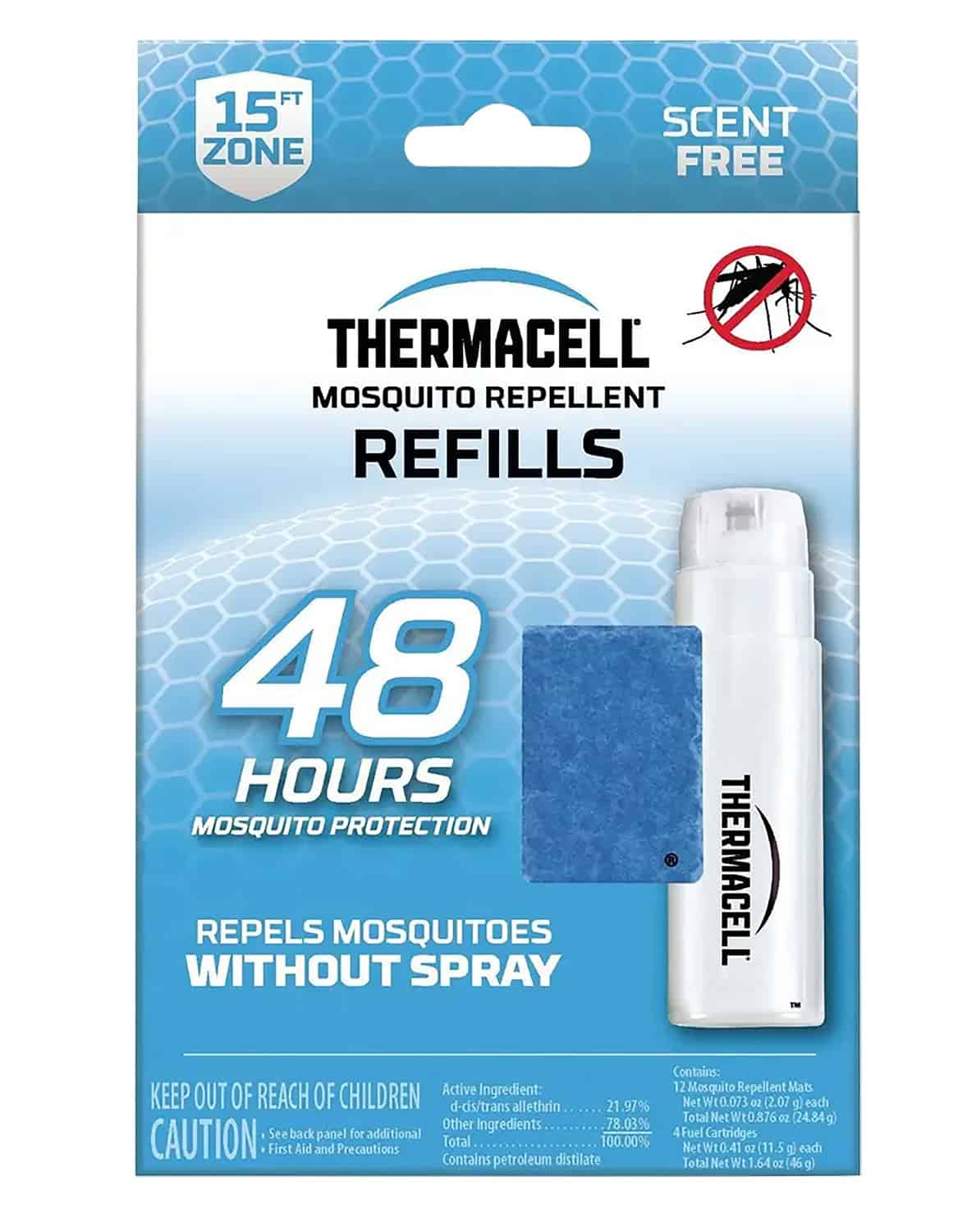 Thermacell R4 Repellent Refill Effective 15 ft Odorless Scent Mat/Fuel Cartridges Repels Mosquito Effective Up to 48 hrs 4 Fuel Cartridges/12 Mats