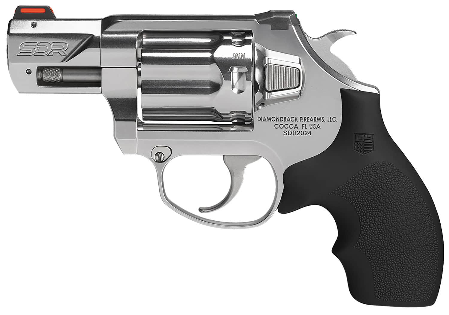 Diamondback DB0700P701 SDR Small 9mm Luger +P 6 Shot 2" Polished Stainless Steel Barrel & Frame, Stainless Steel Cylinder, Black Hogue Rubber Grip, Exposed Hammer
